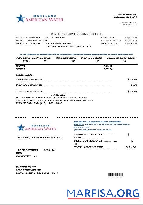 Downloadable USA Maryland American water business utility bill template in Word and PDF formats